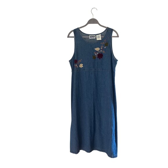 Vintage Denim Floral Embroidered Sleeveless maxi/midi  Dress Erika & Co PM - Picture 1 of 11